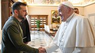 Ukraine's President Volodymyr Zelenskyy arrives for a private audience with Pope Francis at The Vatican.