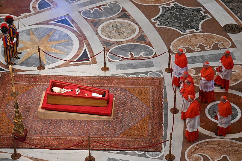 Cardinals pay their respects to late Pope Francis inside St Peter's Basilica at the Vatican, 23 April, 2025