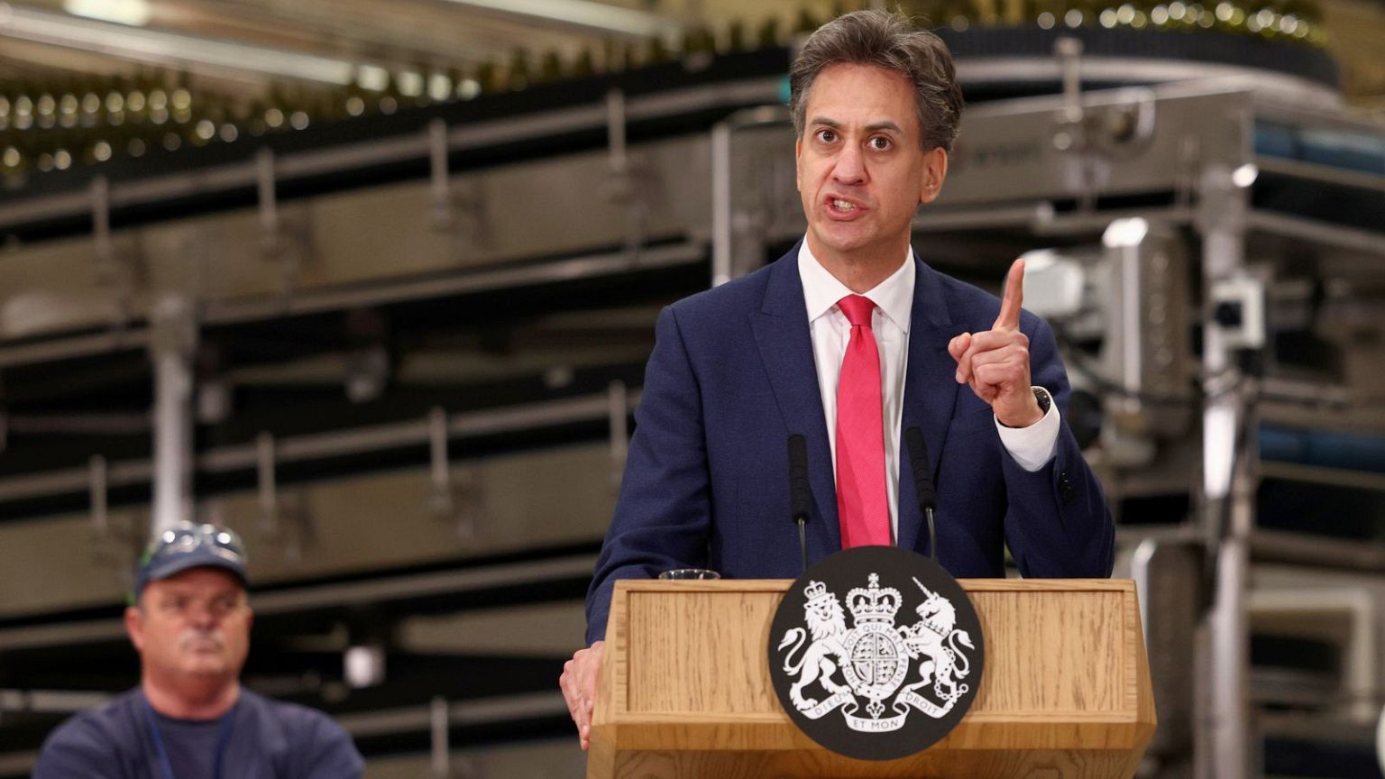 Britain's Secretary of State for Energy Security and Net Zero Ed Miliband speaks at a factory in Chester, England, October 2024.