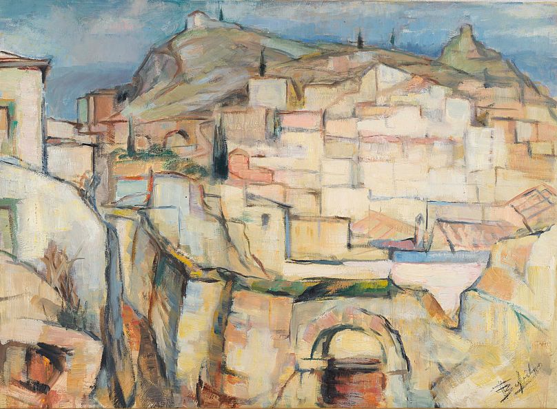Περικλής Βυζάντιος, Ο μόλος της Ύδρας, 1954, Gouache,37x45εκ., Ιδιωτική Συλλογή