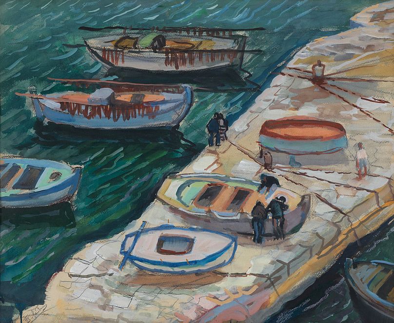 Περικλής Βυζάντιος, Ο μόλος της Ύδρας,1954,Gouache,37x45εκ., Ιδιωτική Συλλογή