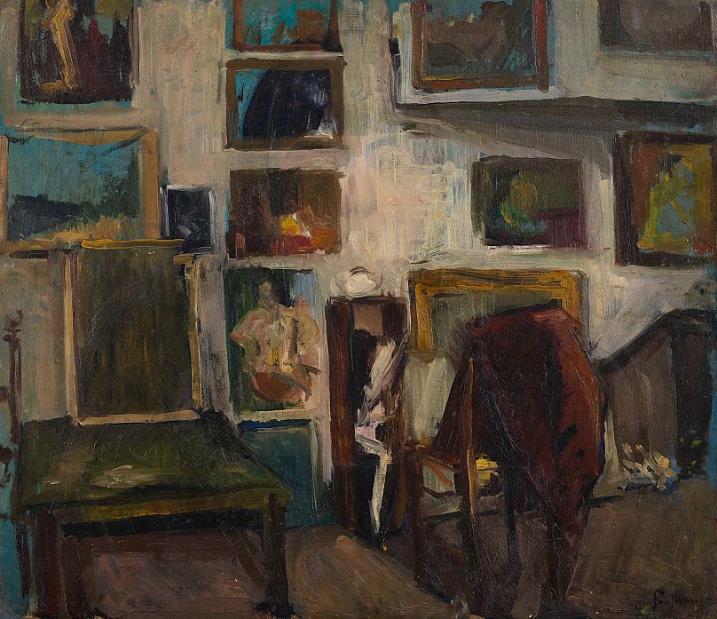 Ντίκος Βυζάντιος, L' atelier de Pericles Byzantinos, 1945, Λάδι σε ξύλο,51,5x60,5εκ., Ιδιωτική Συλλογή