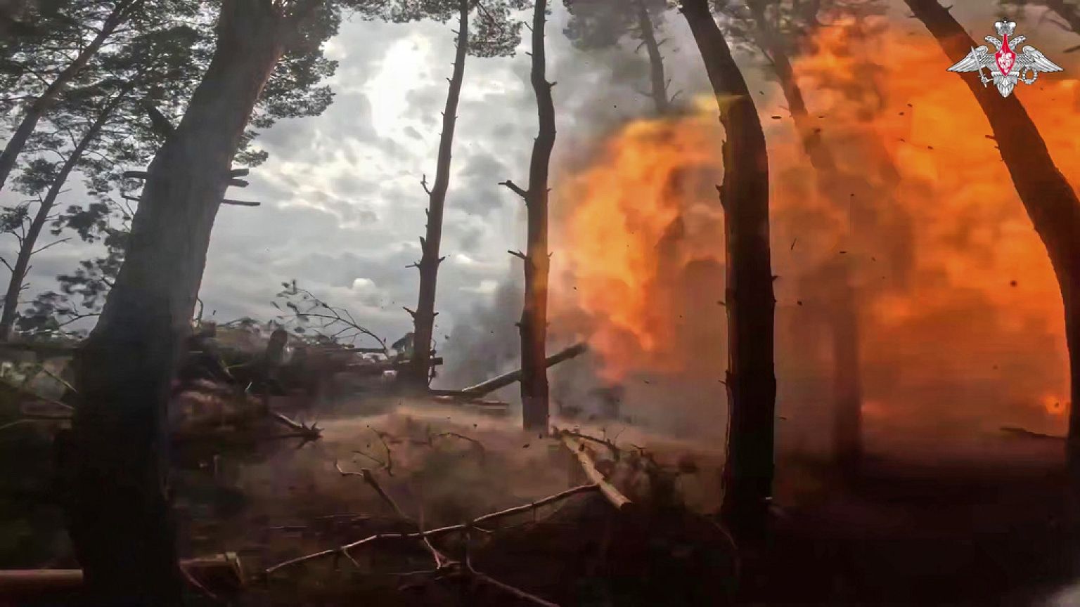 A Russian Army 152mm howitzer Giatsint-B fires towards Ukrainian positions in Kherson, Ukraine on Sunday, April 27, 2025.