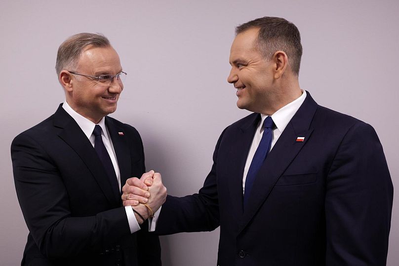 Obecny prezydent Andrzej Duda i kandydat na prezydenta wspierany przez PiS Karol Nawrocki, 2025 r.