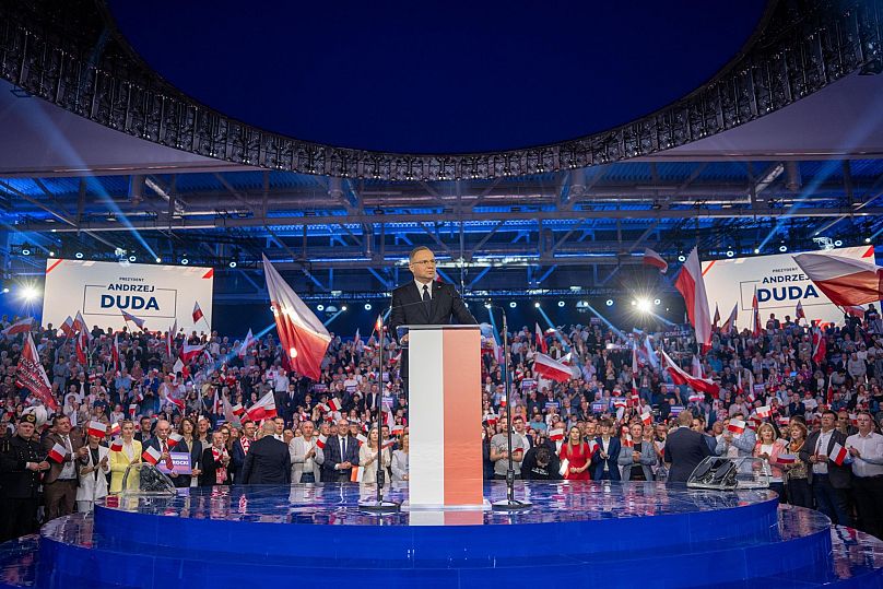 Prezydent Andrzej Duda bierze udział w konwencji wyborczej kandydata obywatelskiego wspieranego przez PiS, Karola Nawrockiego, 27.04.2025r.