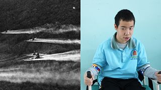 (Left) Bulky 'C-123 providers' spray chemical defoliant over Vietnam in 1968. (Right) Nguyen Ba Quy Phuoc, 14, attends a physio class at a school for agent orange victims.