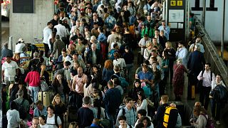 Passengers at Madrid airport during a major power outage, 28 April, 2025
