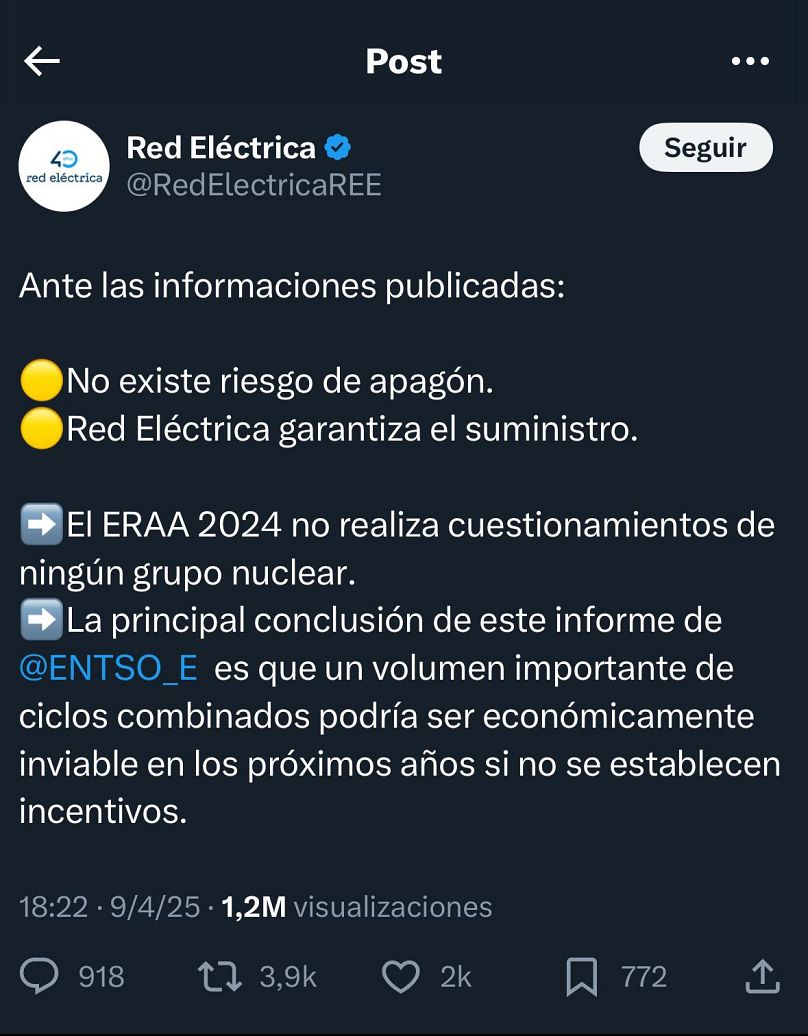 Un tweet de Red Eléctrica asegura que habrá suministro eléctrico.