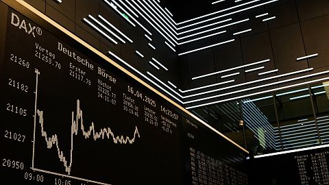 The German stock index, DAX, is pictured at the stock market in Frankfurt, Germany. 16 April 2025.