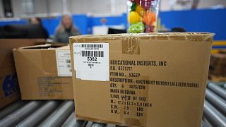 Small parcels for Learning Resources, an educational toy company whose products are manufactured in China, are shown at a warehouse in Vernon Hills, Ill., Friday, April 11, 20