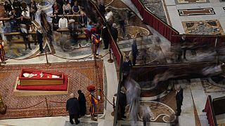 People pay their respect to the late Pope Francis lying in state inside St. Peter's Basilica, Thursday 24 April 2025