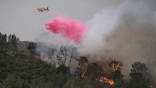 A plane uses a fire retardant to extinguish a fire burning in a forest near Jerusalem, 30 April 2025.