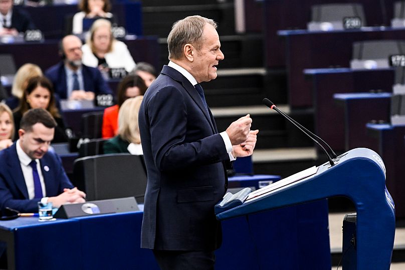 Premier Donald Tusk wygłasza przemówienie podczas prezentacji programu działań polskiej prezydencji w Parlamencie Europejskim, środa, 22 stycznia 2025 r. 