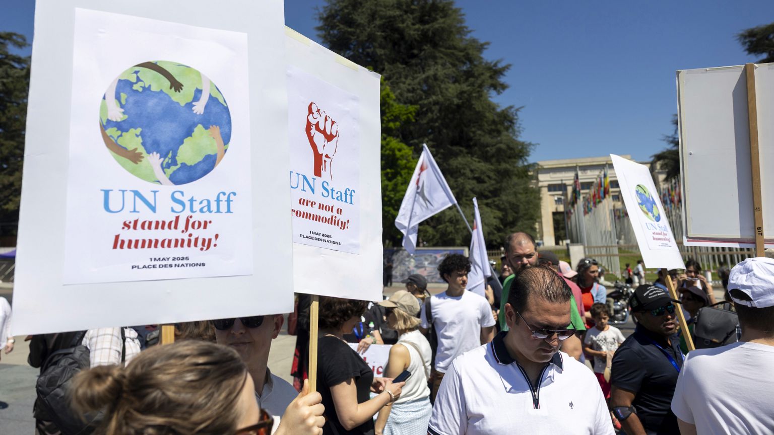 Staff from United Nations agencies protest against the drastic budget cuts and staff reductions in Geneva, 1 May, 2025
