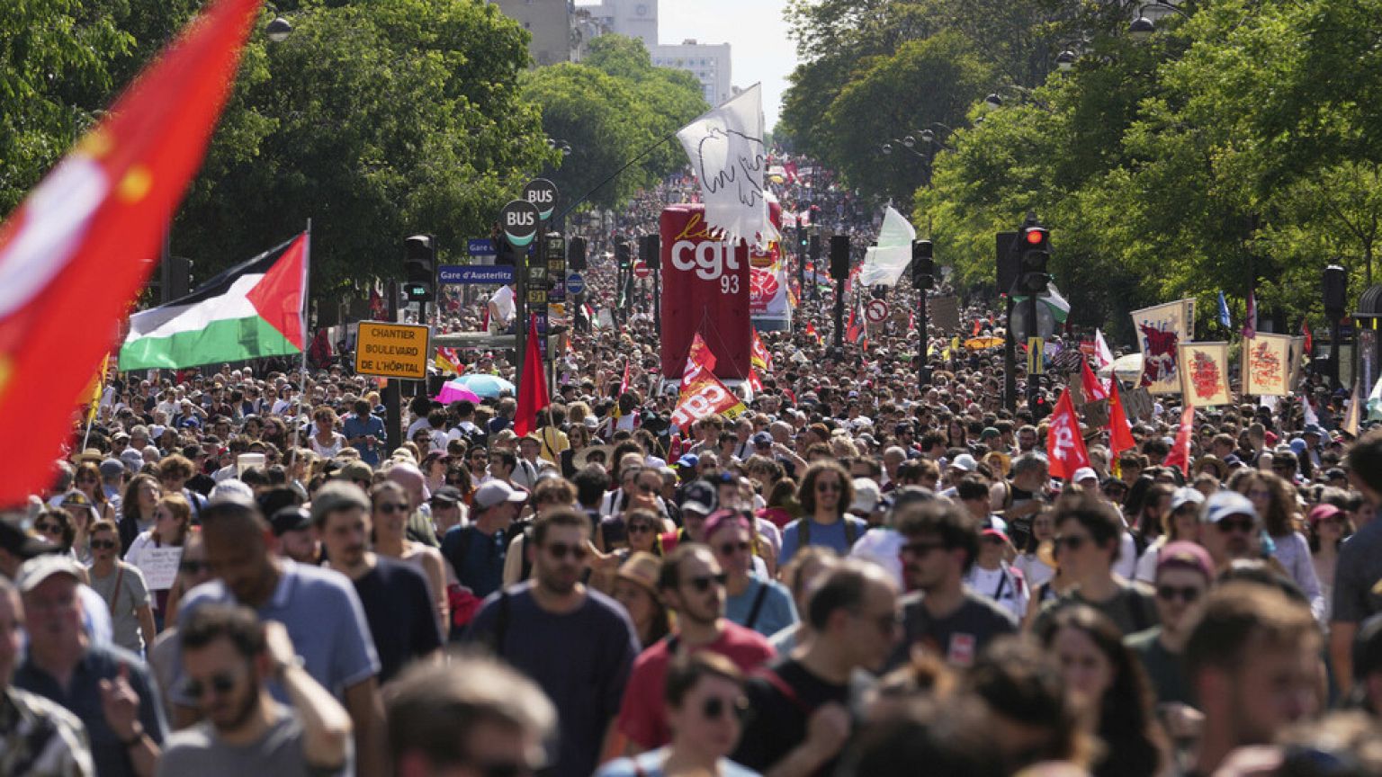 Protesters march during the May Day demonstration, Thursday, May 1, 2025 in Paris