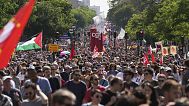 Protesters march during the May Day demonstration, Thursday, May 1, 2025 in Paris