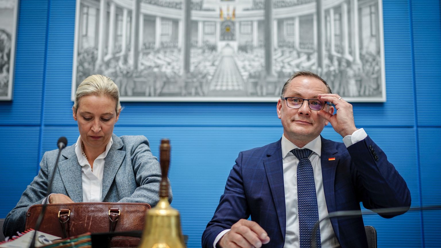 Leader of the AfD parliamentary group Alice Weidel, left, and AfD federal chairman and leader of the AfD parliamentary group Tino Chrupalla, 23 April 2024.