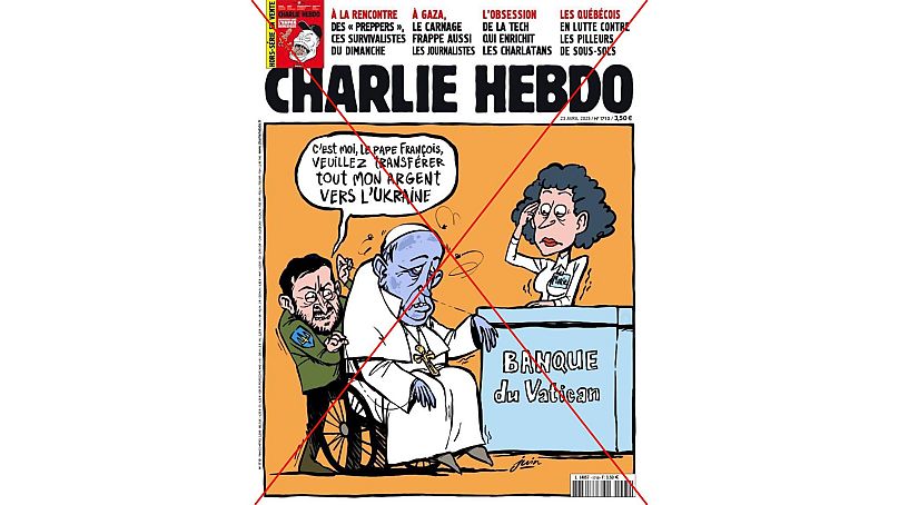 The false front cover shows Zelenskyy exploiting the late pope's death