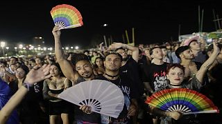 Fans cheer as they watch Lady Gaga free concert on Copacabana beach, in Rio de Janeiro, Saturday, May 3, 2025.