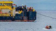 The multi-purpose floating work barge Hebo Lift 2 monitors the stretch of sea off Porticello, near Palermo, Sicily, Italy, Sunday, May 4, 2025.