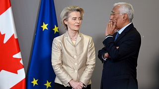 EU Commission President Ursula von der Leyen, left, speaks with EU Council President Antonio Costa prior to an EU-Canada leaders meeting 