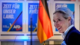 Alice Weidel, co-leader of far right Alternative for Germany (Afd) smiles at the AfD party headquarters in Berlin, Germany, Sunday, Feb. 23, 2025.