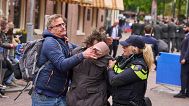 Dutch police silence a pro-Palestine demonstrator shouting slogans as dozens of World War II veterans gathered for Liberation Day celebrations in Wageningen, 05.05.2025