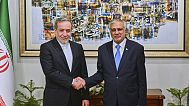 Iran's Foreign Minister Abbas Araghch shakes hand with his Pakistan's Foreign Minister Ishaq Dar prior to their meeting in Islamabad, Pakistan, Monday, May 5, 2025