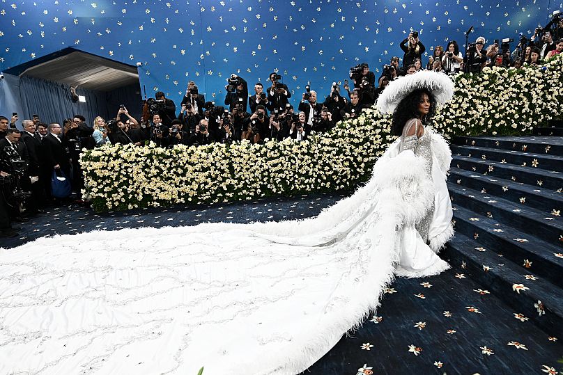 Diana Ross kuyruklu, beyaz elbisesi ve tüylü şapkasıyla diğer yıldızlardan rol çaldı.