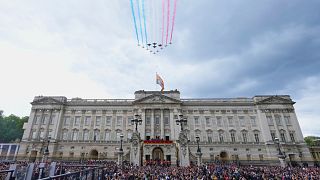Britain's Royal Family appear on the balcony of Buckingham Palace to watch the Red Arrows flypast during the V-E Day 80th anniversary parade in London, Monday, May 5, 2025.