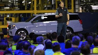im Farley, President and Chief Executive Officer of Ford, speaks at the Ford Motor Company Kentucky Truck Plant to launch the 2025 Ford Expedition, Wednesday, April 30, 2025.