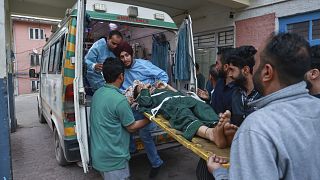 A woman living in a village near the Line of Control between India and Pakistan is brought to hospital in Uri in Indian-controlled Kashmir, 7 May, 2025