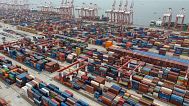 Shipping containers are seen ready for transport at the Guangzhou Port in the Nansha district in southern China's Guangdong province, April 17, 2025.