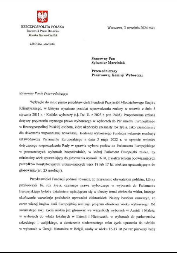 Pismo Rzeczniczki Praw Dziecka do Państwowej Komisji Wyborczej