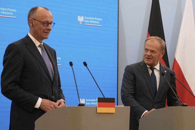 Premier Donald Tusk i kanclerz Niemiec Friedrich Merz wzięli udział we wspólnej konferencji prasowej po spotkaniu w Warszawie, Polska, środa, 7 maja 2025 r.