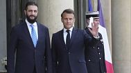 French President Emmanuel Macron, right, gestures as he welcomes Syria's interim President Ahmad al-Sharaa before their talks Wednesday, May 7, 2025 at the Elysee Palace