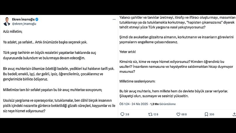 Ekrem İmamoğlu'nun "suç unsuru" olduğu iddia edilen 24 Nisan 2025 tarihli paylaşımı