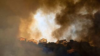 Smoke rises above homes as a grass fire burns near Interstate 580 in Oakland, California, 18 October 2024. 