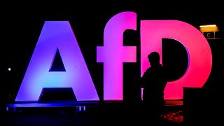 A man stands in front of the logo at the AfD party headquarters in Berlin, 23 February, 2025