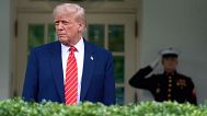 President Donald Trump speaks to reporters outside the West Wing of the White House, Thursday, May 8, 2025, in Washington. 