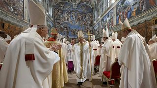Pope Leo XIV leaves after concelebrating Mass with the College of Cardinals inside the Sistine Chapel, 9 May, 2025