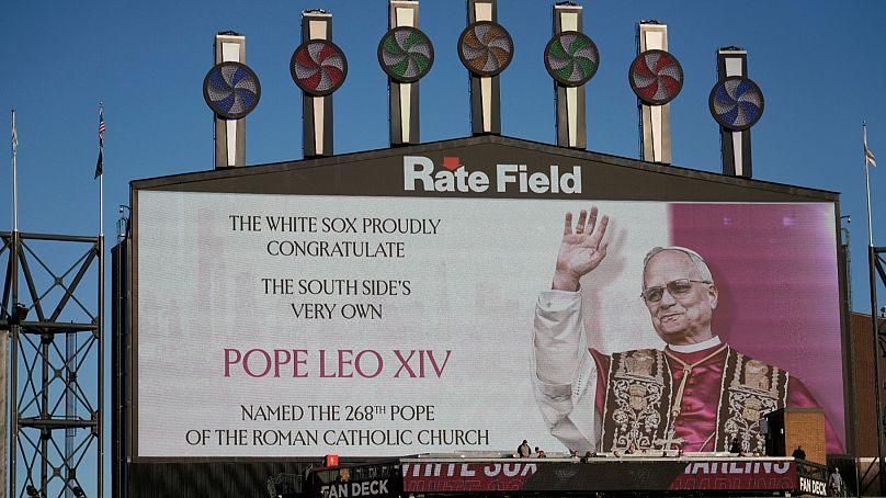 The Chicago White Sox honours Pope Leo XIV on the scoreboard before a baseball game against the Miami Marlins, Friday, May 8, 2025, in Chicago