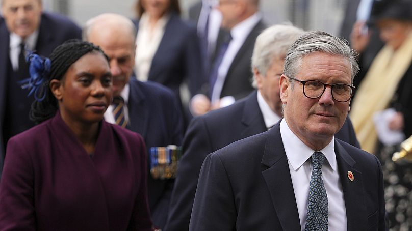 Prime Minister Keir Starmer, leader of the Labour party, and Kemi Badenoch, leader of the Conservative party, attend a V-E Day event in London on 8 May, 2025.