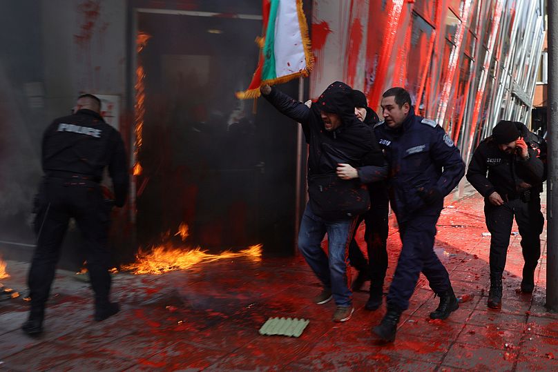 Policemen arrest a protester during clashes with protesters who demanded the government scrap plans to join the eurozone, 22 February, 2025