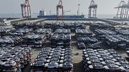 New cars waiting for shipment to overseas markets at a port in Taicang in eastern China's Jiangsu province, 7 April, 2025
