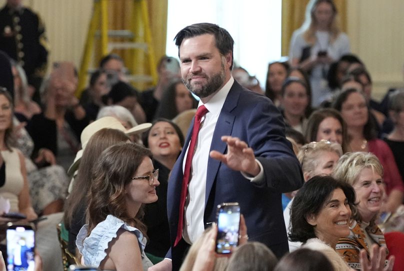 Vice President JD Vance departs attend an event for Military Mothers, in the East Room of the White House, Thursday, May 8, 2025, in Washington