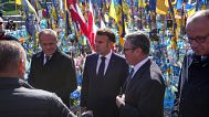 European leaders visit the memorial to fallen Ukrainian soldiers on Independence Square in Kiev, 10 May 2025. 