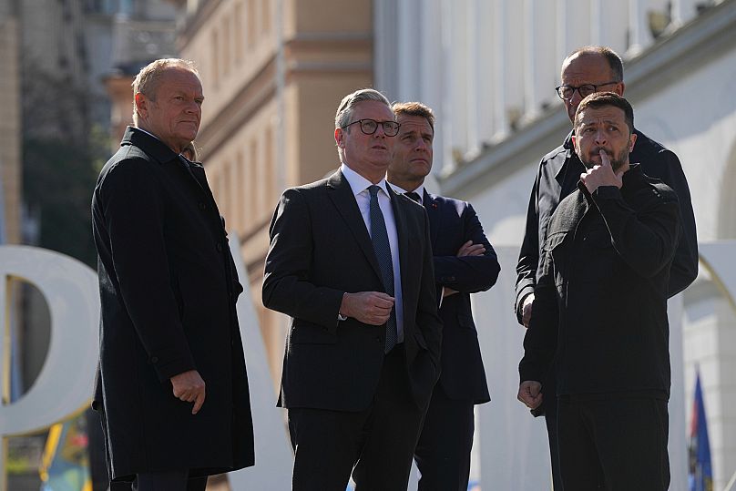 From left, Polish Prime Minister Donald Tusk, British Prime Minister Keir Starmer, French President Emmanuel Macron, German Chancellor Friedrich Merz, and Ukrainian President 
