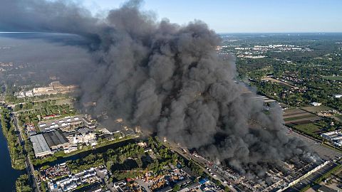 A fire burns from a vast shopping complex in Warsaw, 12 May, 2024