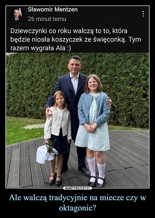 Mem ze Sławomirem Menenem. Internauci śmiali się, że mimo że jest przedsiębiorcą, to każe córkom walczyć o koszyk wielkanocny, zamiast kupić drugi. 